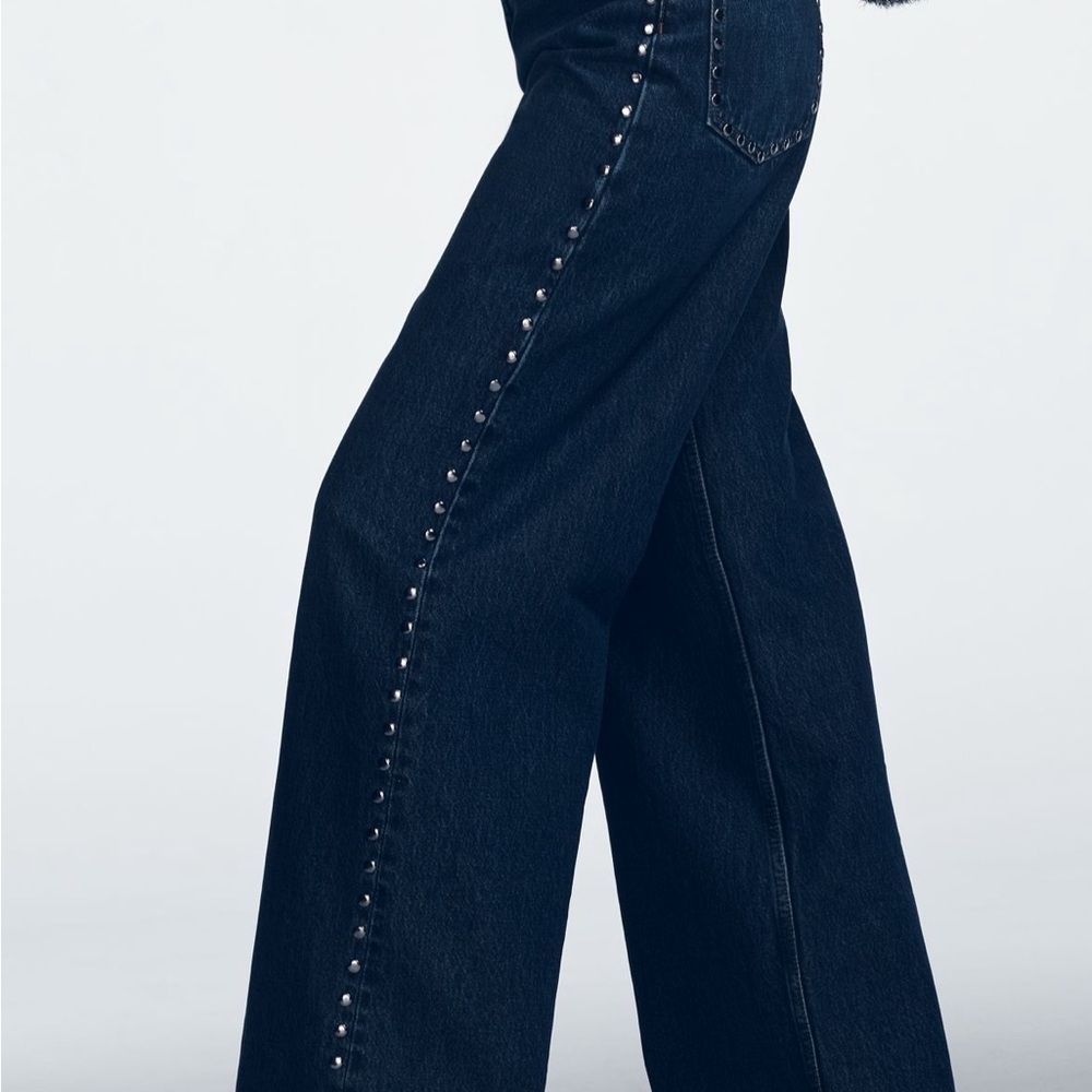 Reformation Navy Wide-Leg Jeans with Studded Detail